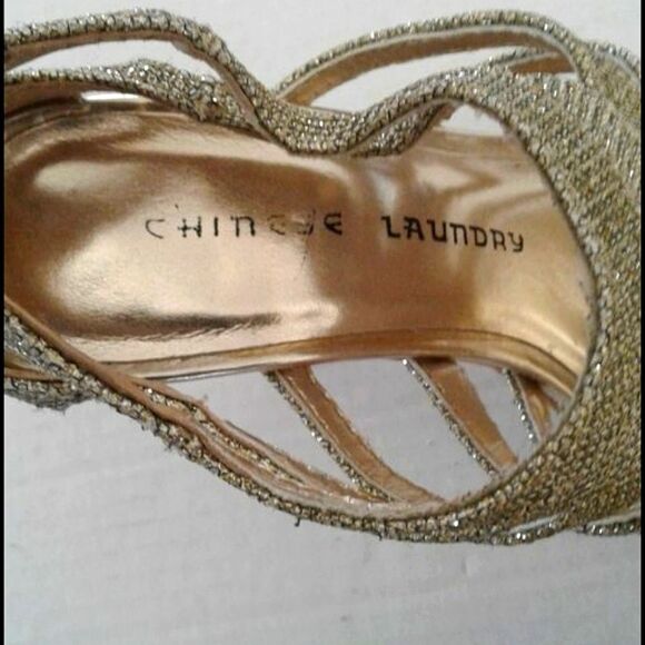 Chinese Laundry Gold Sparkly Night Out Party Open Toe Strappy Platform Heels - Picture 8 of 9